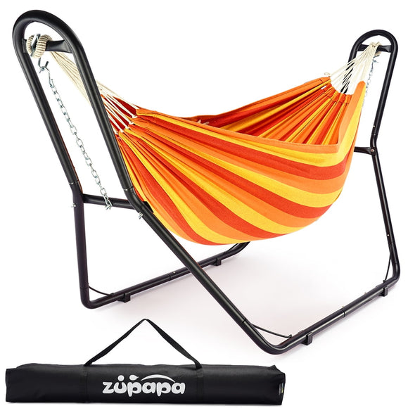 Zupapa Hammock with Stand 2 Person, Upgraded Steel Hammock Frame and Polycotton Hammock, 550LBS Capacity for Indoor Outdoor Use (Orange Sunshine Strips)
