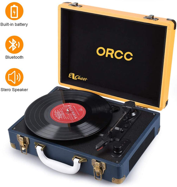 ORCC Portable Bluetooth Turntable/ Vintage 3-Speed LP Vinyl Suitcase Record Player/ Built in 2 Stereo Speakers/ Unique Design Portable Turntable Player