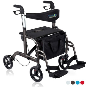 Health Line 2 in 1 Rollator-Transport Chair w/Paded Seatrest, Reversible Backrest and Detachable Footrests, Titanium