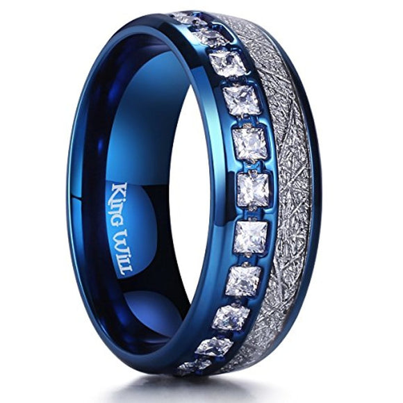 King Will METEOR 8mm Blue Dome Titanium Ring Imitated Meteorite Inlay Wedding Band Comfort Fit
