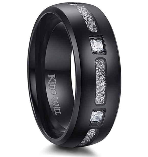 King Will METEOR 8mm Black Dome Titanium Ring Imitated Meteorite Inlay Wedding Band Comfort Fit