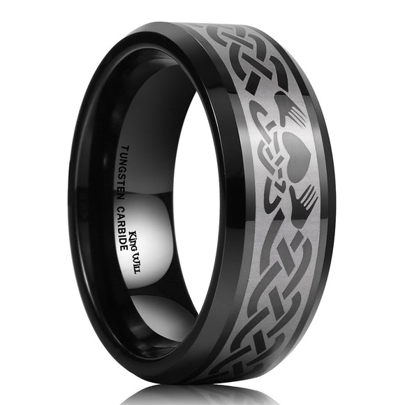 King Will Men's 8mm Black Tungsten Carbide Ring Laser Irish Claddagh Engagement Polish Wedding Band Comfort Fit