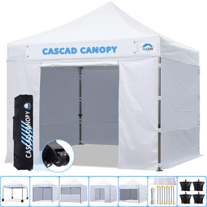 CASCAD CANOPY 10' x10' Ez Pop-Up Canopy Commercial Instant Tent Shelter with DIY Banner, Heavy Duty Roller Bag, 4 Removable Sidewalls, 10ft Screen Netting and Half Wall, 4 Weight Bags, White
