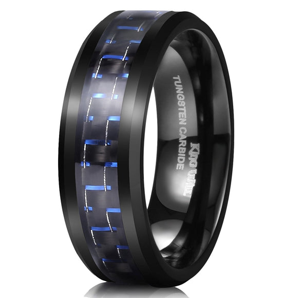 King Will GENTLEMAN Tungsten 8mm Black and Blue Carbon Fiber Inlay High Polish Men's Wedding Band Ring