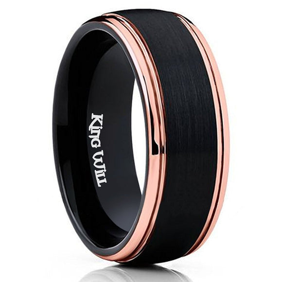 King Will Mens 8MM Black Tungsten Ring Rose Gold Brushed Wedding Band R070