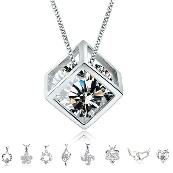 Sterling Silver Diamond Pendant Necklace (20 Collections Option), S925 Crystal Heart Round Cubic Zirconia Jewelry (16+2inch Chain)