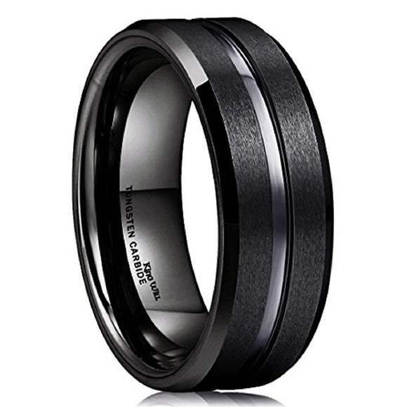 King Will CLASSIC 8mm Black Tungsten Ring Grooved Center Wedding Band