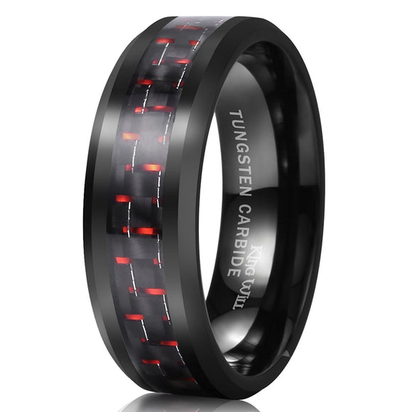 King Will GENTLEMAN 8mm Black and Red Carbon Fiber Inlay Tungsten Carbide Ring Engagement Wedding Band