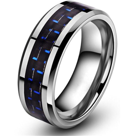 King Will GENTLEMENT 8mm Blue and Black Carbon Fiber Tungsten Carbide Ring Wedding Band Polished Finish