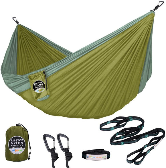 Double Camping Hammock with Enforced Tree Straps & Ultralight Carabiners, Lightweight Tear Resistant Nylon Hammocks for Hiking, Travel, Beach, backyard Easy to Fit In Your Backpack
