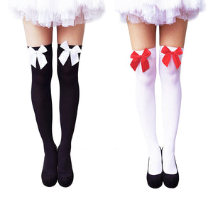 Another Me Women's Cute Sexy Nylon Knee Highs Thigh High Stockings with Satin Bows 29.5" 2 Pairs