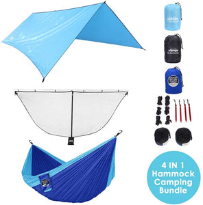 Camping Hammock with Mosquito Net and Rainfly, 4 in 1 Hammock Camping Bundle, Ripstop Hammock, Extra Large Tarp, Detachable Mosquito Net, Full Accessory Included for Outdoor