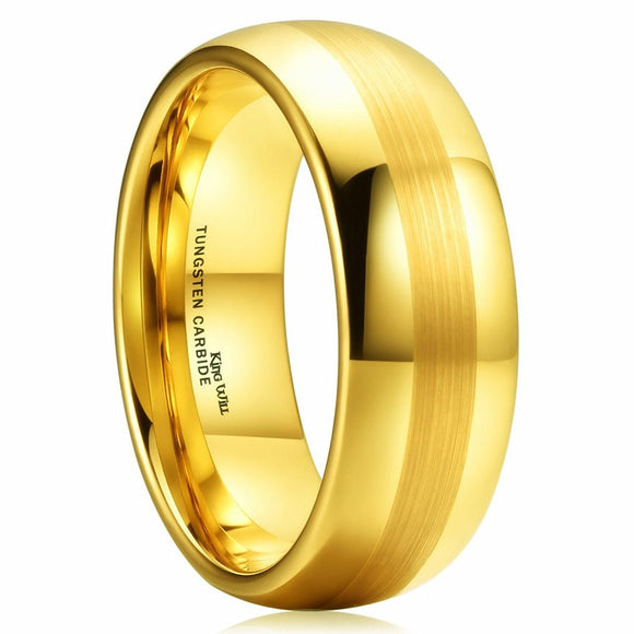 King Will GLORY Tungsten Carbide Wedding Ring 8mm Dome Gold Plated Brushed Center Polished Comfort Fit