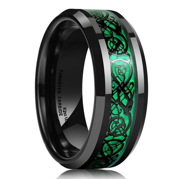 King Will Men's 8mm Green Tungsten Ring Celtic Dragon Wedding Band