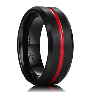 King Will LOOP Thin Red Groove Black Brushed Tungsten Carbide Wedding Band Ring Comfort Fit