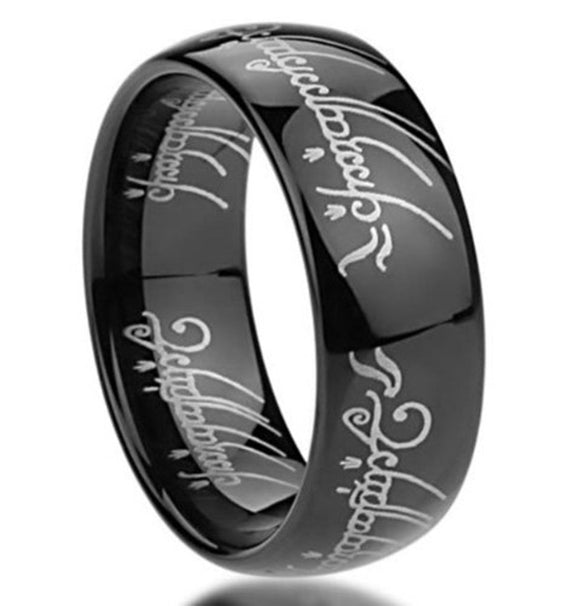 King Will Mens 8mm Tungsten Carbide Ring Black Lord of the Rings Laser Pattern High Polished
