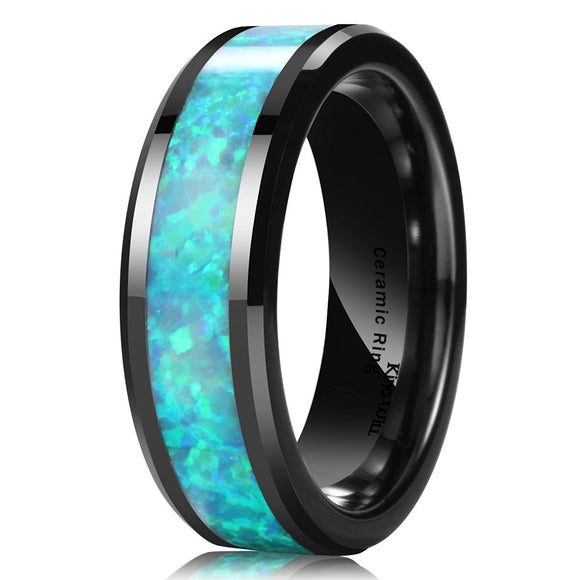 King Will NATURE Men's 7MM Ceramic Ring Genuine Opal Inlay Polished Wedding Engagement Band