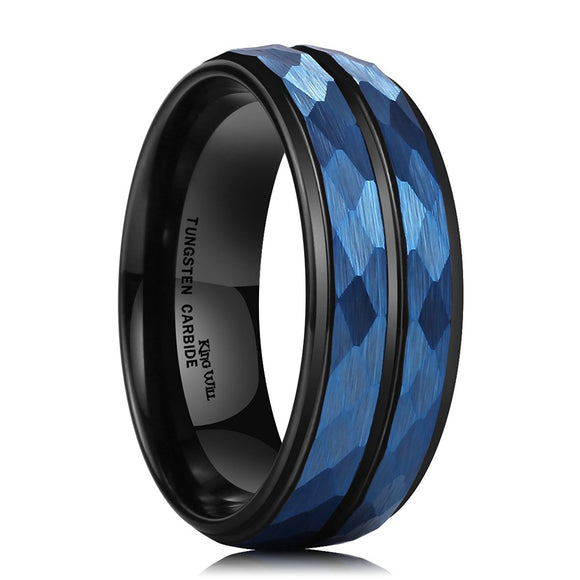 King Will Men?s 8mm Blue Hammered Tungsten Carbide Ring Black Two Tone Wedding Band Groove Step Edge Comfort Fit