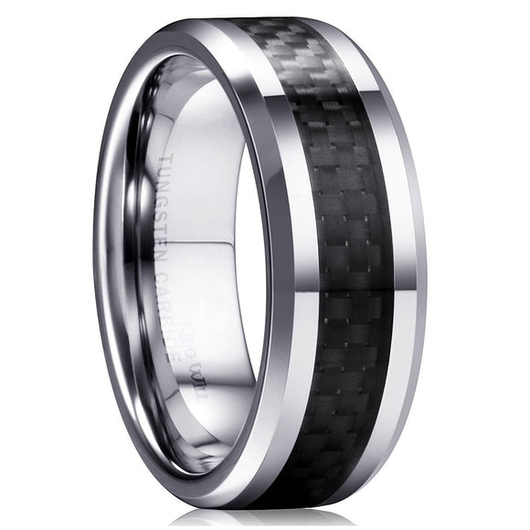 King Will GENTLEMAN 8mm Black Carbon Fiber Tungsten Carbide Wedding Band Ring Polished Finish Comfort Fit