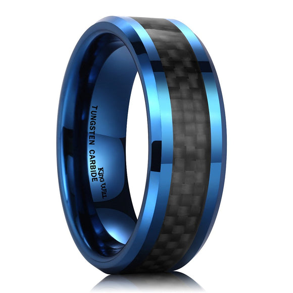 King Will GENTLEMENT 8mm Blue Tungsten Carbide Ring Black Carbon Fiber Wedding Band Polished Finish Comfort Fit