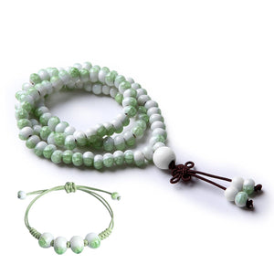 CAT EYE JEWELS 108 Prayer Beads Bracelet Porcelain Buddhist Vintage Style Mala Beads Bracelet Necklace Lime Green