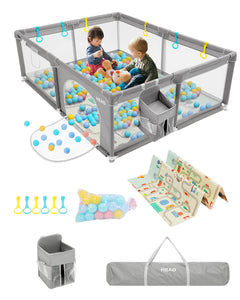 HEAO XXL 79x59" Baby Playpen Extra Large Playard with Mat Playpen for Babies with Gate Baby Playpen Area for Indoor Outdoor with 30PCS Pit Balls 6 Pull Ring Storage Bag Light Grey