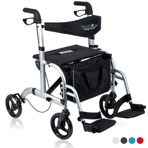 Health Line 2 in 1 Rollator-Transport Chair w/Paded Seatrest, Reversible Backrest and Detachable Footrests, Silver White