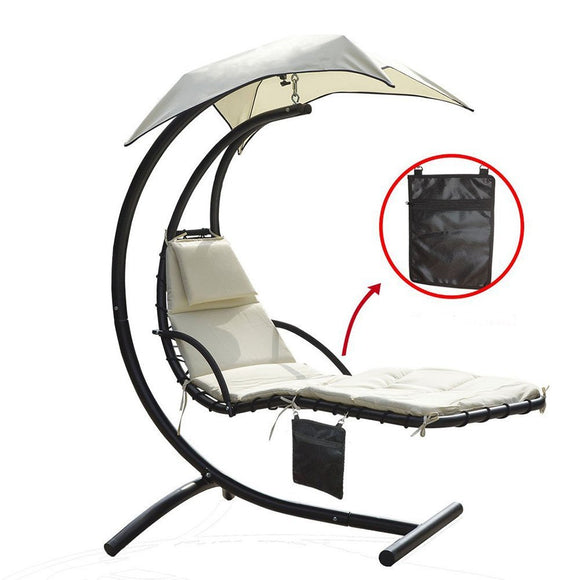 300lbs Weight Capacity Hanging Chaise Lounger Chair with Umbrella Garden Air Porch Arc Stand Floating Swing Hammock Chair Beige