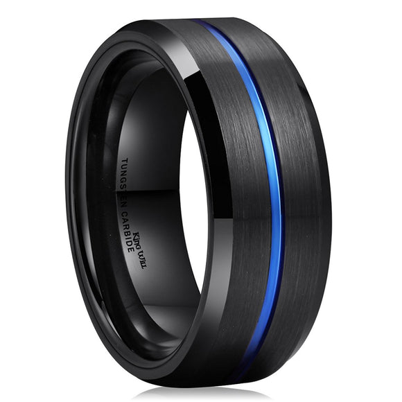 King Will LOOP Blue & Black 8mm Men Tungsten Carbide Wedding Band Ring Brushed Comfort Fit