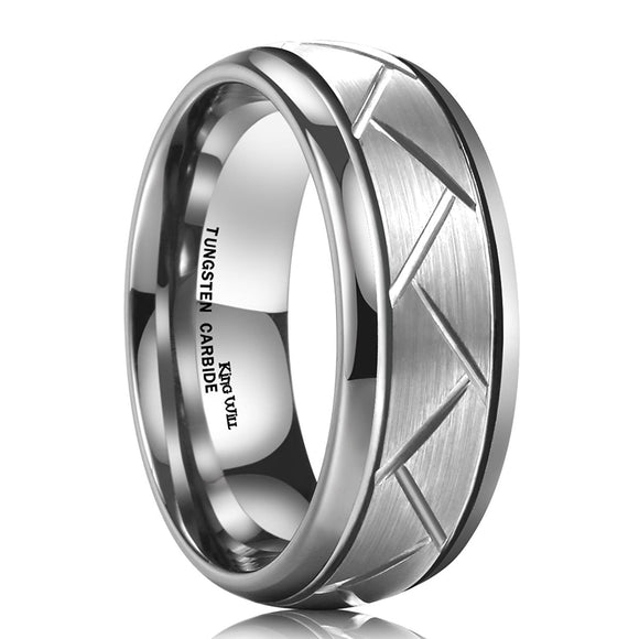 King Will TYRE Men's 8MM Silver Domed Grooved Tungsten Carbide Ring Brushed Wedding Band