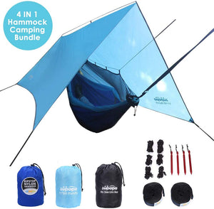 Camping Hammock with Mosquito Net and Rainfly, 4 in 1 Hammock Camping Bundle, Ripstop Hammock, Extra Large Tarp, Detachable Mosquito Net, Full Accessory Included for Backpacking, Hiking, Lightweight N