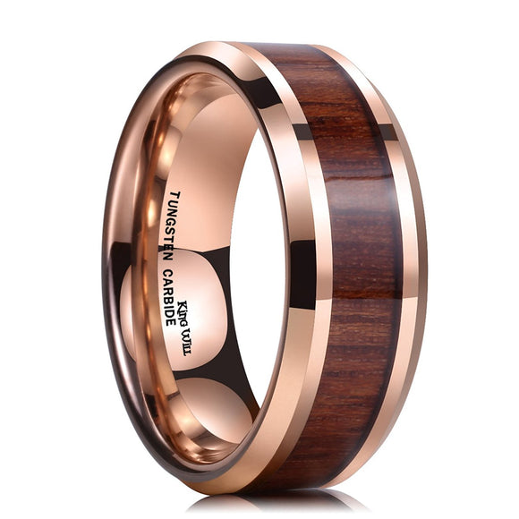 King Will NATURE Koa Wood Inlay Tungsten Carbide Wedding Ring 8mm Rose Gold High Polished Comfort Fit