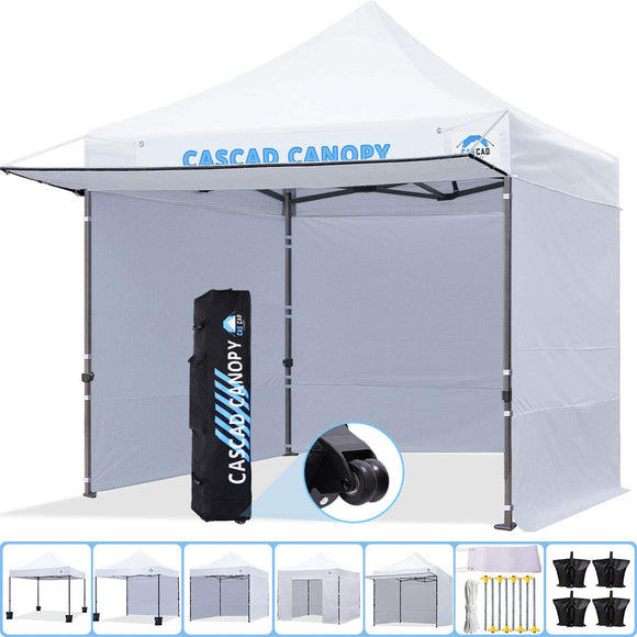 CASCAD CANOPY 10' x10' Ez Pop-Up Canopy Commercial Instant Tent Shelter with DIY Banner, Heavy Duty Roller Bag, 4 Removable Sidewalls, 1 Canopy Awning, 4¡Á Sandbags,White