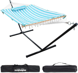 Zupapa 12' Cotton Rope Hammock With Pillow, Stand & Bags-Cyan Stripe