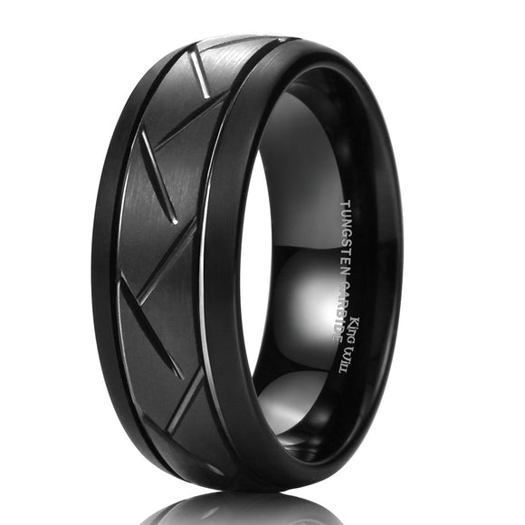King Will TYRE 8mm Black Domed Tungsten Ring Groove Design Wedding Band R006