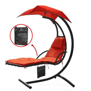 300lbs Weight Capacity Hanging Chaise Lounger Chair with Umbrella Garden Air Porch Arc Stand Floating Swing Hammock Chair Red