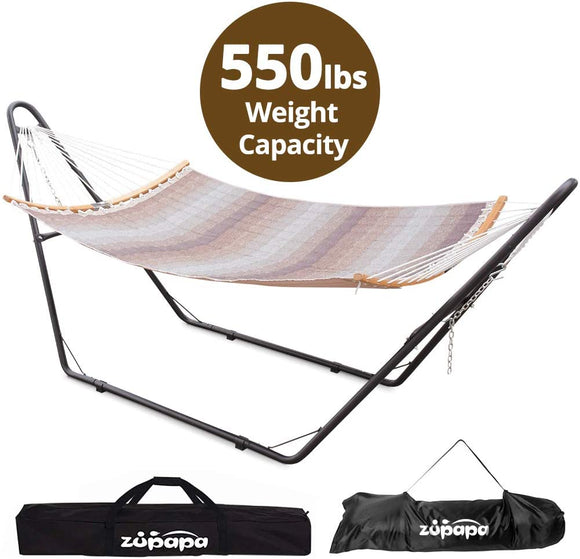 Hammock with Stand 2 person, Upgraded Steel Hammock Frame and Quilted Curved Bamboo Spreader Bar Hammock, 550LBS Capacity for Indoor Outdoor Use