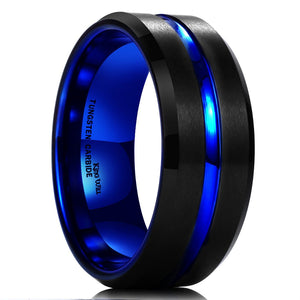 King Will Mens 10mm Black Matte Finish Tungsten Carbide Ring Blue Beveled Edge Wedding Band