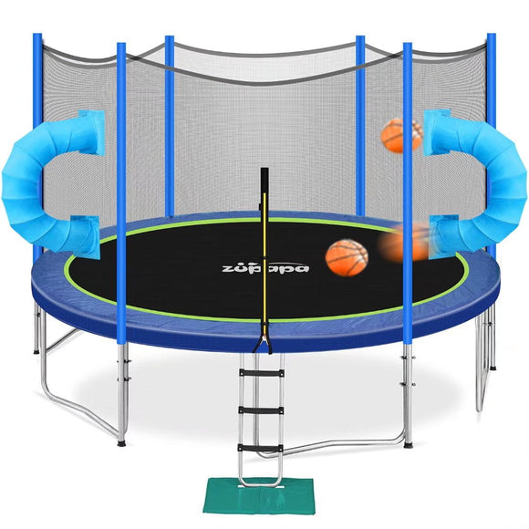 Zupapa 2023 Patented Basketball Tunnel Game Trampolines 15 14 12FT for Kids with Safety Enclosure Net 425LBS Weight Capacity Outdoor Trampoline for Backyard Family Comes with All Accessories