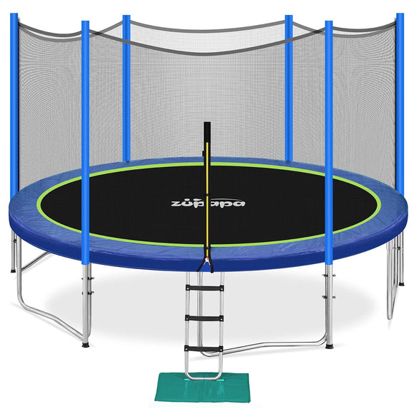 Zupapa No-Gap Design 16 15 14 12 10 8FT Trampoline for Kids with Enclosure Net 425LBS Weight Capacity Outdoor Backyards Trampolines with Non-Slip Ladder for Children Adults