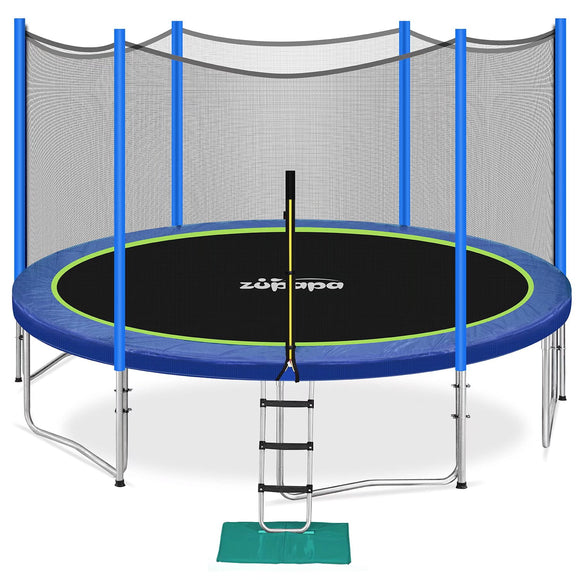 Zupapa 15 14 12 10 FT Trampoline 425LBS Weight Capacity for Kids with Safety Enclosure Net Outdoor Trampolines for Children Adults Family Backyards