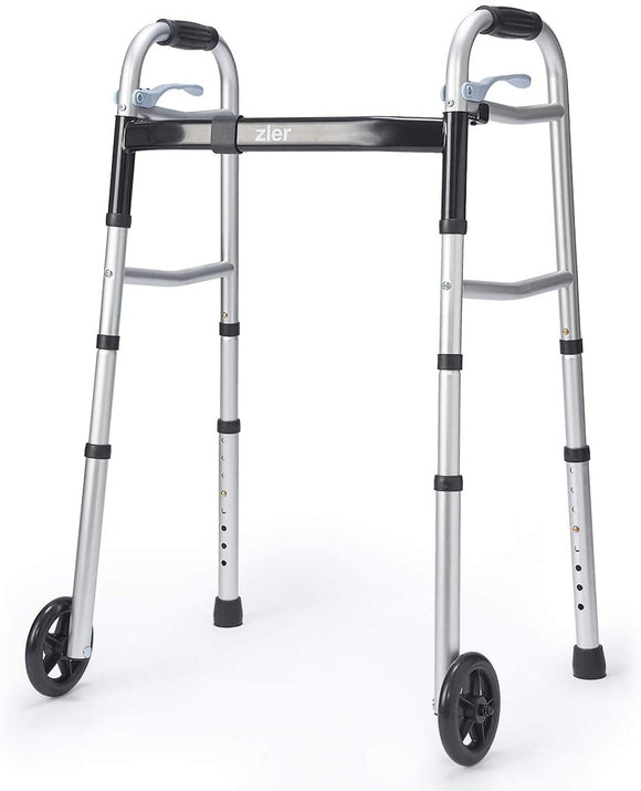 Zler Narrow Folding Walker for Seniors with Trigger Release and 5 Inches Wheels, Lightweight Supports up to 300 lbs