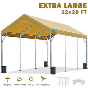 ADVANCE OUTDOOR 12x20 ft Carport with Adjustable Height from 9.5 ft to 11 ft, Heavy Duty Car Canopy, 8 Legs with 8 Reinforced Poles and 4 Sandbags, Beige
