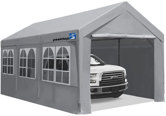 10x20 ft Upgraded Heavy Duty Carport with Adjustable Heights from 9.5ft to 11.0ft,Portable Car Canopy with Removable Sidewalls, Garage Tent, Boat Shelter with Reinforced Triangular Beams,4 Weight Bags