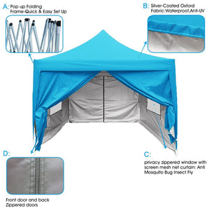 Quictent Privacy Pyramid-roofed 10x10 Mesh Curtain EZ Pop Up Canopy Tent Instant Canopy Gazebo 3 adjust point Light Blue