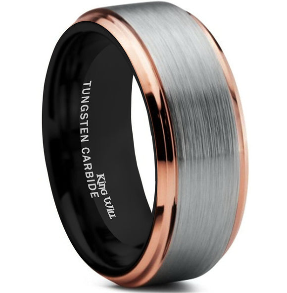 King Will Mens 8mm Brushed Finish Tungsten Carbide Ring 18K Rose Gold Plated Comfort Fit Wedding Band Black Inside