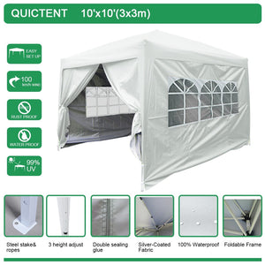 Quictent 10 X 10' Ez Set Pop up Gazebo Party Wedding Tent Canopy Marquee Commercial tent Gazebo 8.7 ft height +4 Sidewalls +carry Bag 100% Waterproof Silver