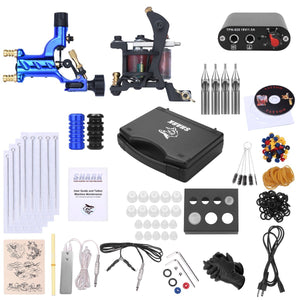 Shark Complete Pro Rotary Tattoo Kit Machines Gun with Plastic Carry Case Power Supply Needles Grips Tips