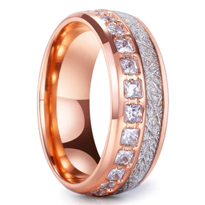 King Will Women's 8mm Rose Gold Plated Titanium Ring Cubic Zirconia Meteorites Inlay Design Wedding Band