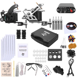 Shark Complete Pro Tattoo Kit 2 Machines Gun with Plastic Carry Case Power Supply Needles Grips Tips